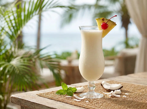 Virgin Colada crémeuse dans un verre hurricane garnie d'un quartier d'ananas et d'une cerise