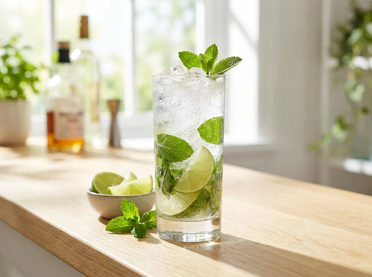 Virgin Mojito servi dans un grand verre avec menthe fraîche, citron vert et glace pilée