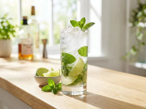 Virgin Mojito servi dans un grand verre avec menthe fraîche, citron vert et glace pilée