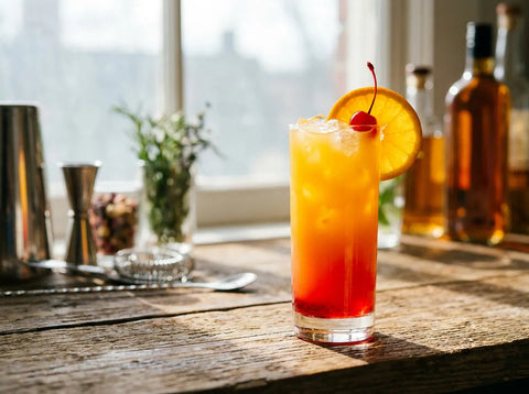 Virgin Sunrise au dégradé orange et grenadine dans un grand verre avec glaçons, orange et cerise