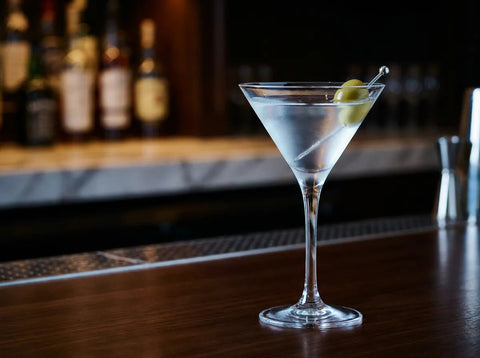 Vodka Martini servi très frais dans un verre à martini avec une olive verte