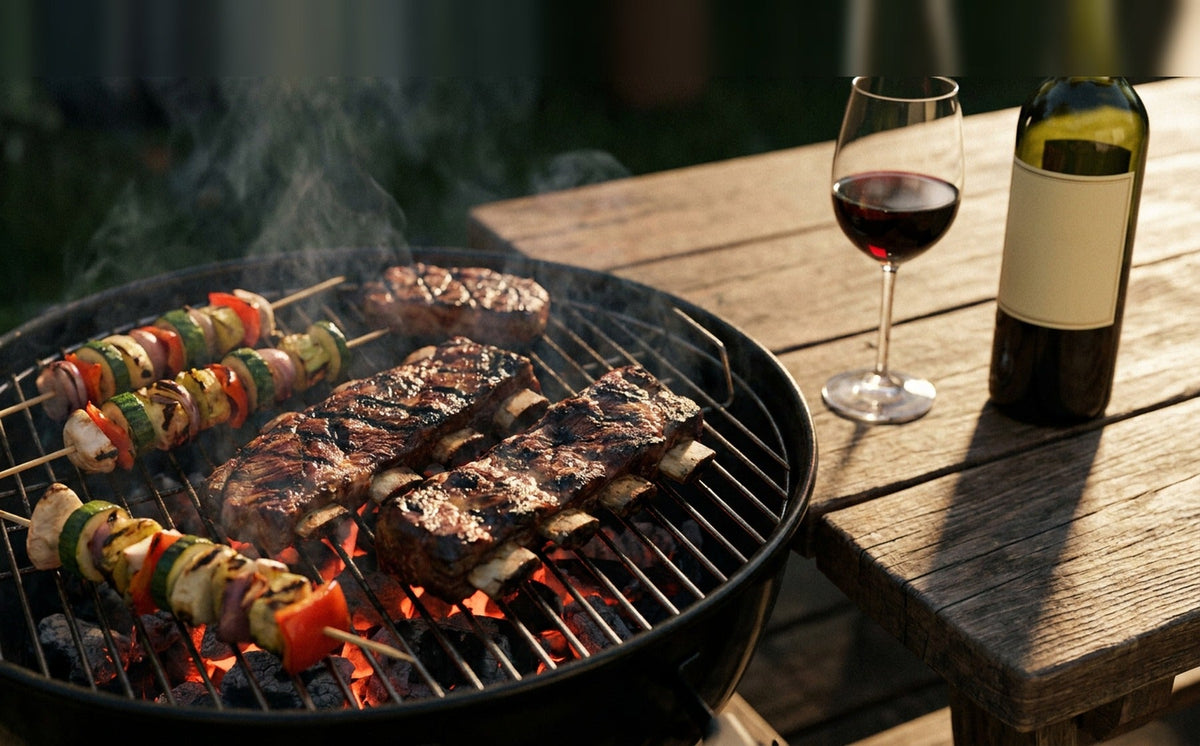 Côtes de bœuf et brochettes de légumes sur un barbecue au charbon, verre de vin rouge