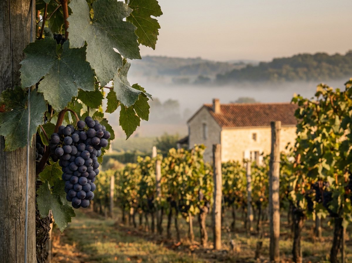 Grappe de merlot mûr au premier plan, rangs de vigne et bastide de pierre blonde dans la brume du matin, Bergeracois