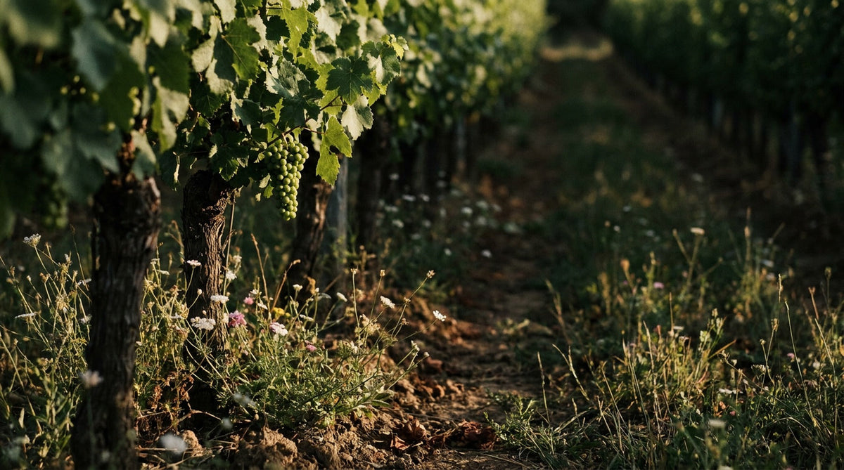 Rang de vigne conduite en bio, herbe et fleurs sauvages entre les ceps