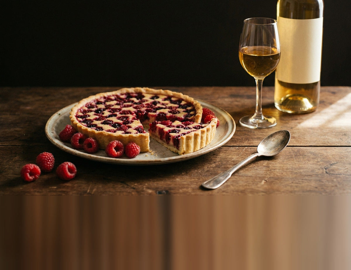 Tarte aux fruits rouges dont une part est tranchée, verre de vin moelleux
