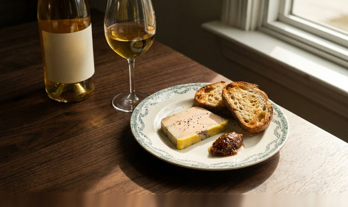 Part de foie gras mi-cuit, pain toasté et confit de figue, verre de vin liquoreux