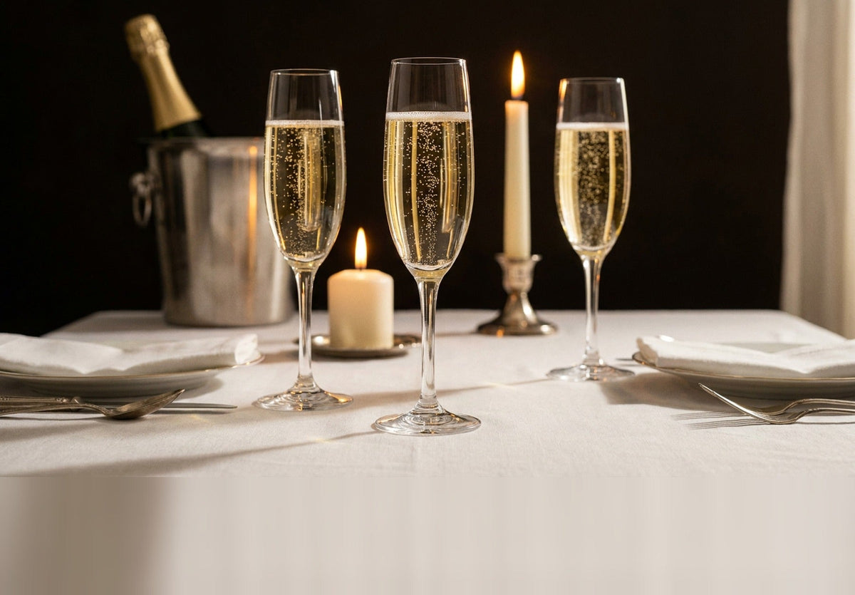 Coupes de champagne, bougies et argenterie sur une nappe de lin blanc