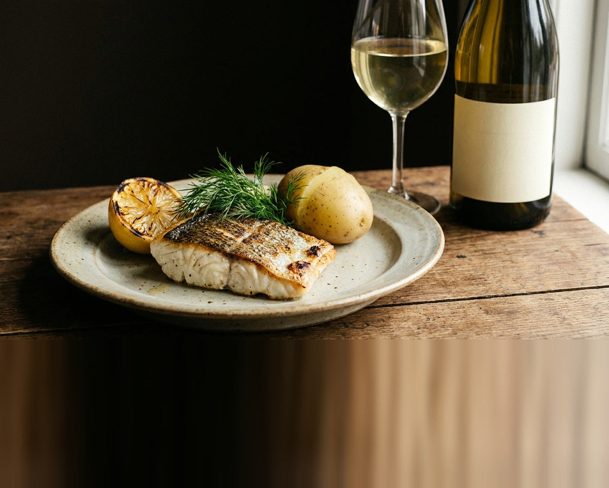 Filet de poisson grillé à l'aneth et au citron, verre de vin blanc