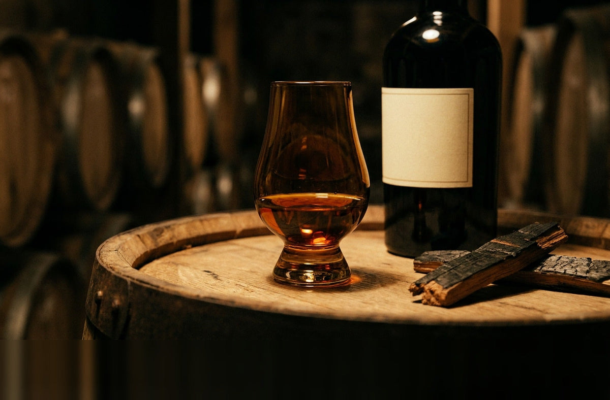 Verre de rhum vieux ambré posé sur un fût de chêne dans un chai sombre