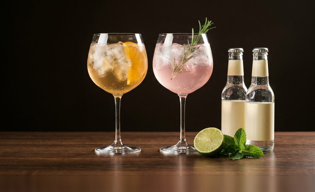 Deux grands verres de boisson sans alcool aux glaçons, agrumes et romarin