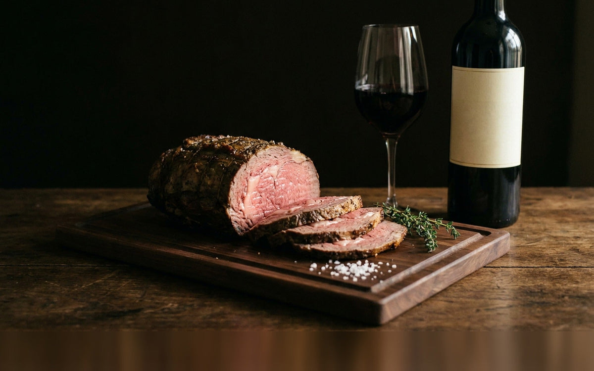 Rôti de bœuf tranché sur une planche de noyer, verre et bouteille de vin rouge