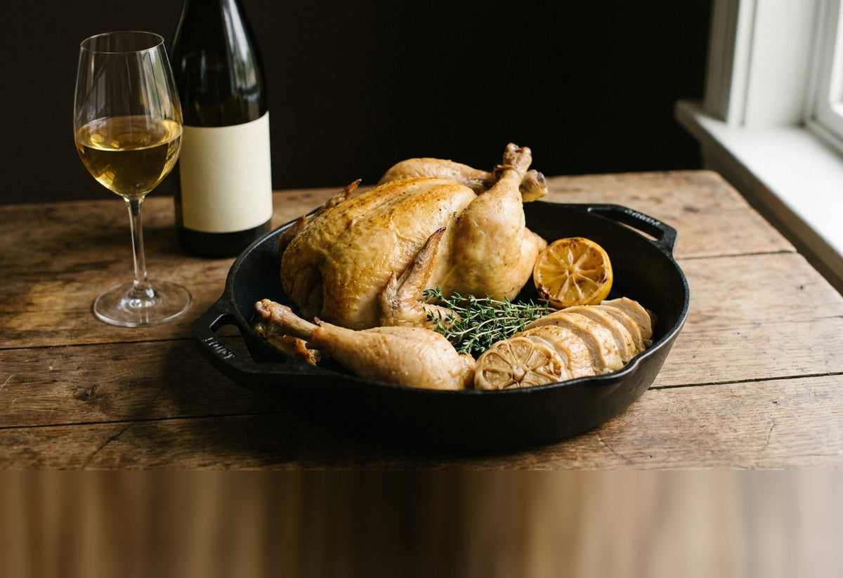 Poulet fermier rôti en cocotte de fonte, thym et citron, verre de vin blanc