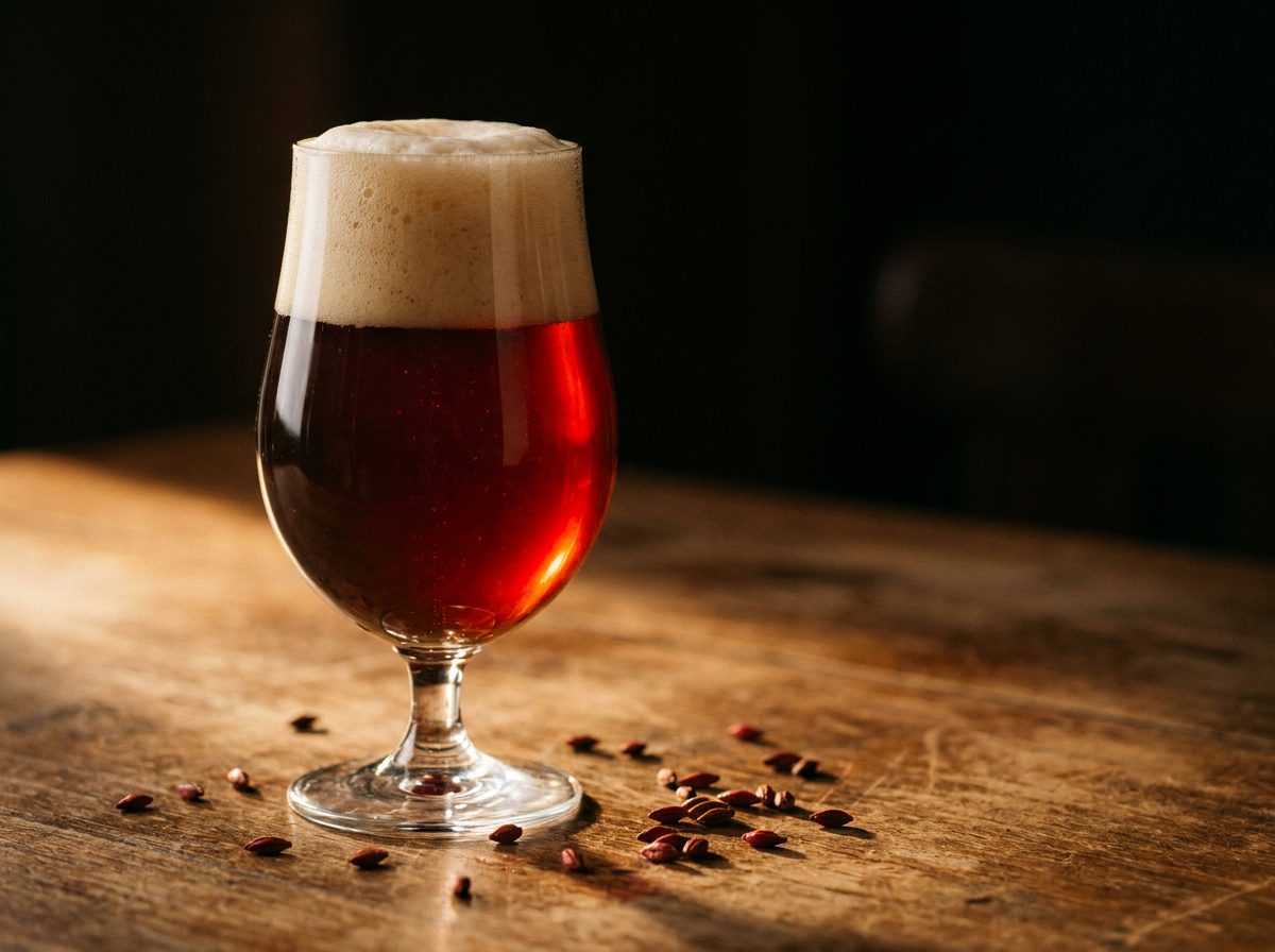 Verre de bière rousse aux reflets acajou et grains de malt roux