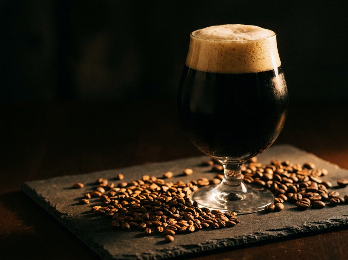 Verre de stout noire à col beige et grains d'orge torréfiés