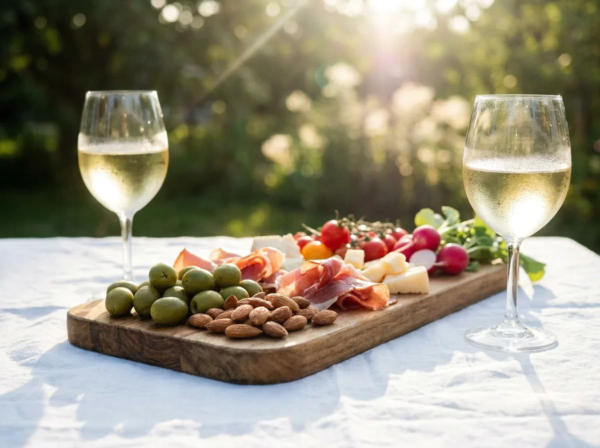Planche d'apéritif au soleil : olives, amandes, jambon sec, fromage et deux verres de vin blanc frais