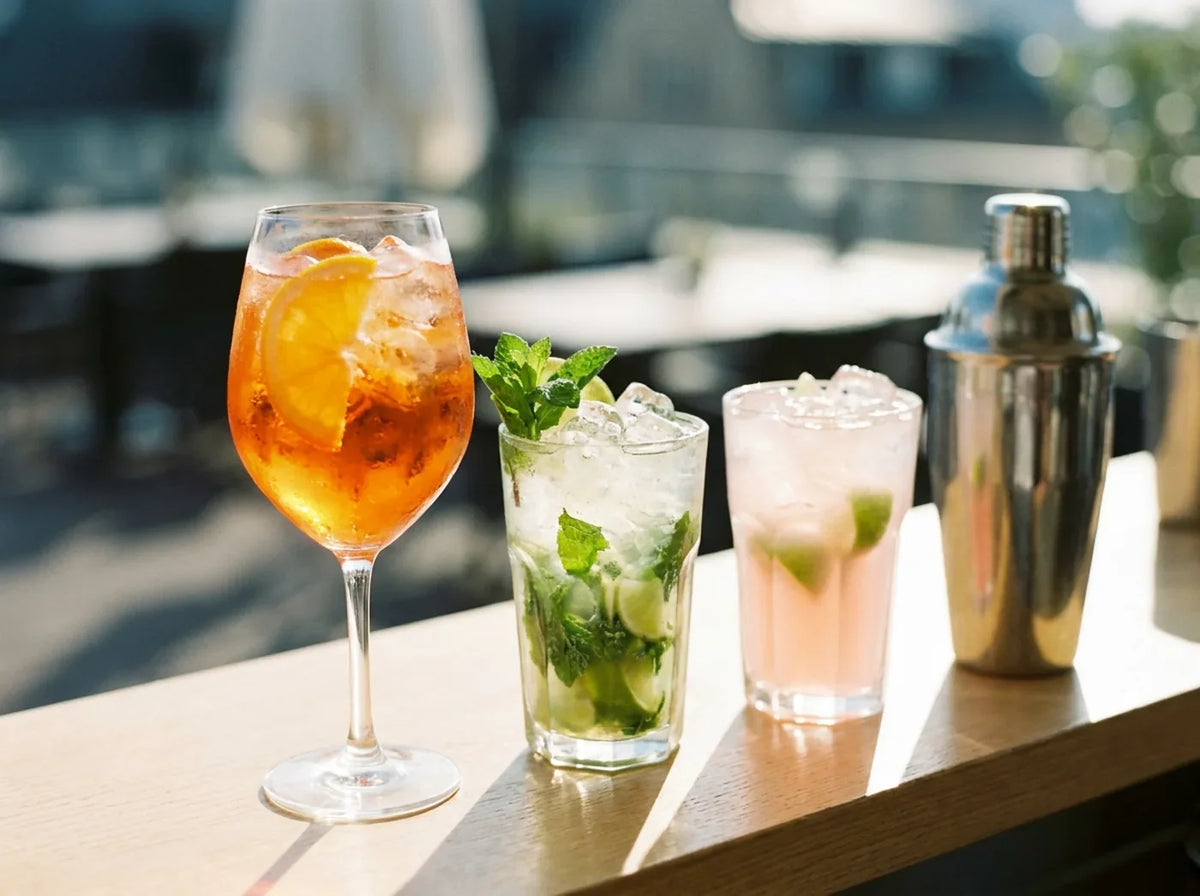 Trois cocktails d'été colorés et un shaker en inox à contre-jour sur un comptoir