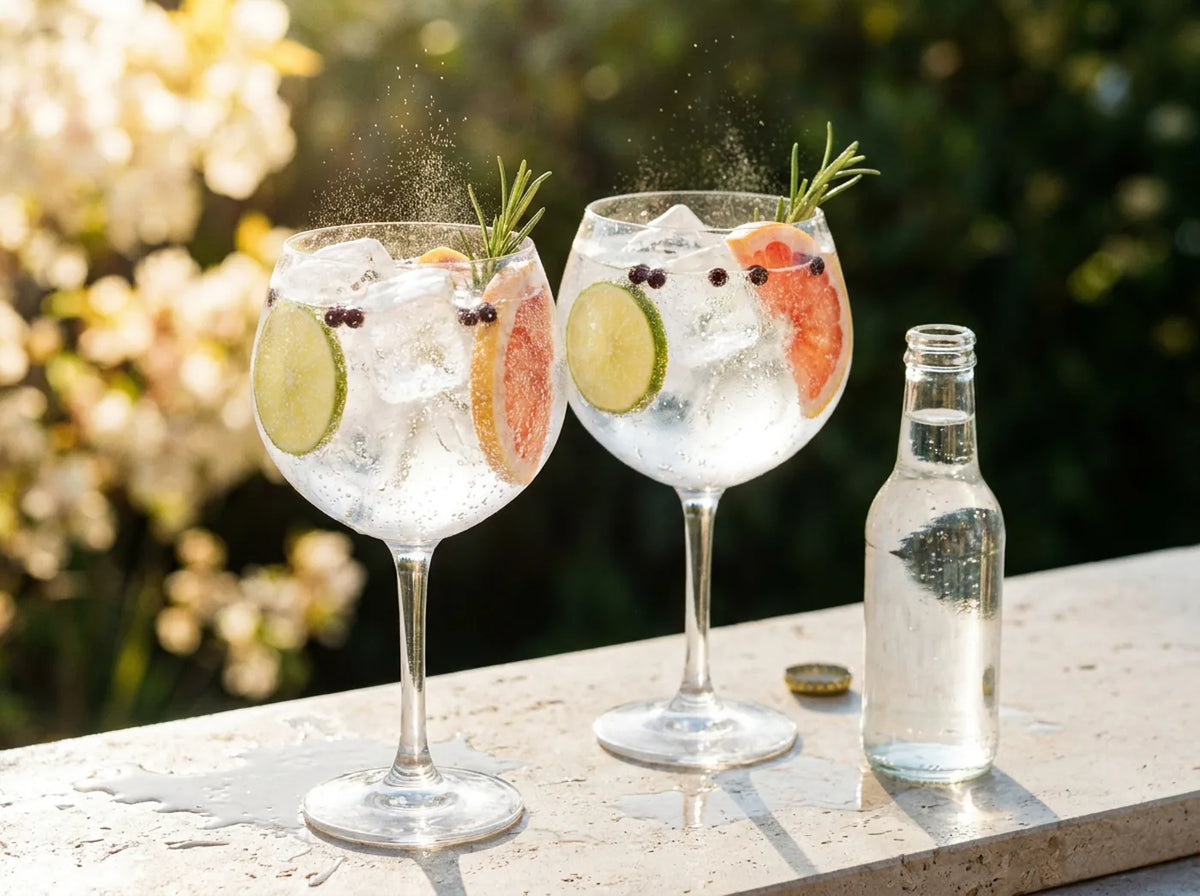 Deux gin tonics glacés au citron vert et pamplemousse, baies de genièvre et bouteille de tonic