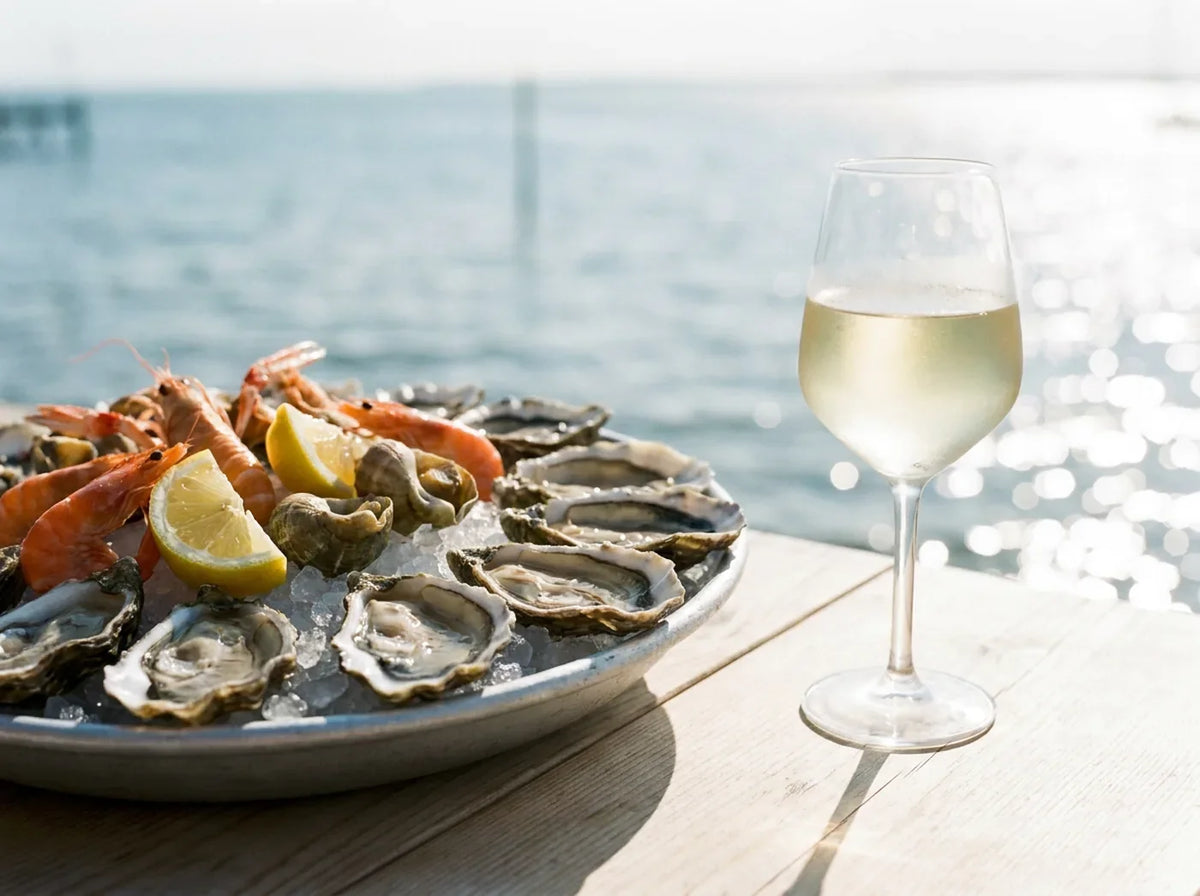 Plateau de fruits de mer sur glace avec huîtres, crevettes et citron, verre de vin blanc face à l'eau