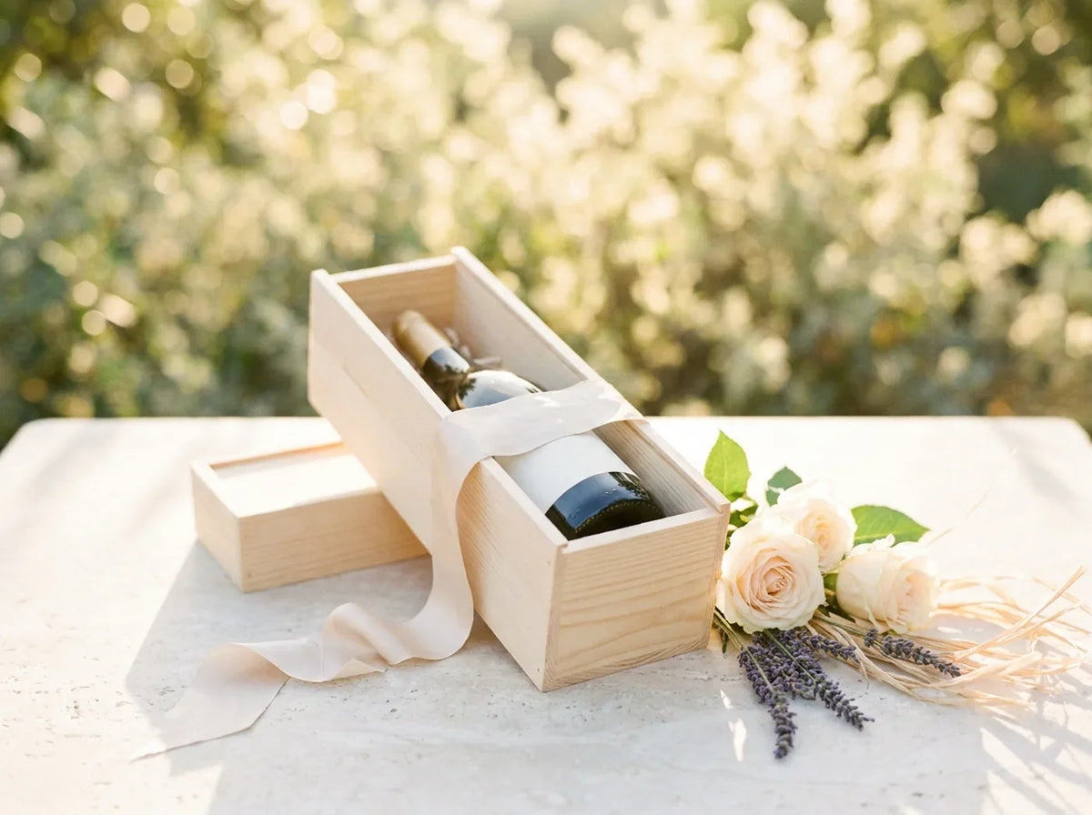 Bouteille dans un coffret en bois clair avec ruban de satin et fleurs d'été, en pleine lumière