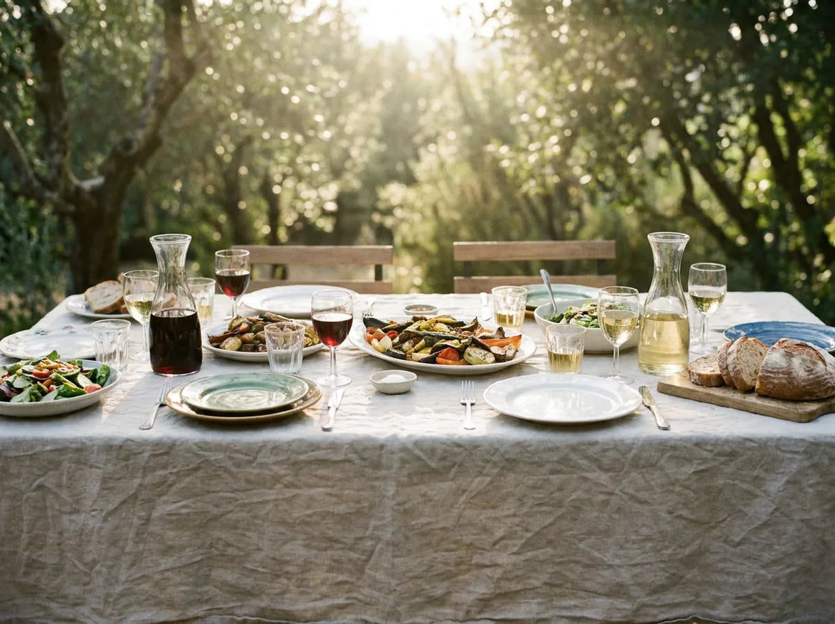 Grande tablée dressée dehors sous les arbres, plats partagés et verres de vin dans la lumière du soir