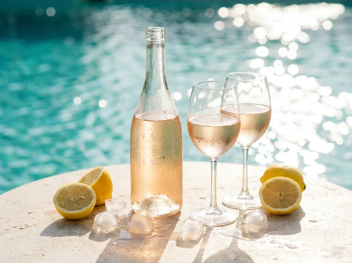 Bouteille de vin rosé et deux verres embués au bord de l'eau turquoise, citrons et glaçons