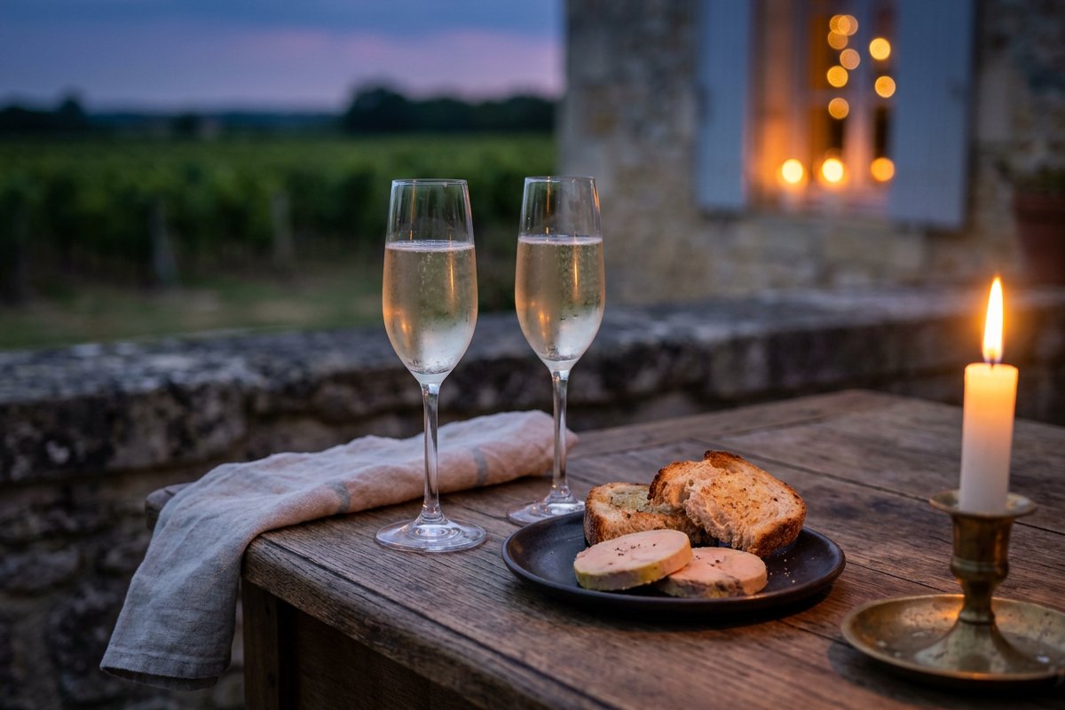 Deux flûtes de champagne et une assiette de foie gras sur une table en chêne, une bougie allumée, les vignes au crépuscule