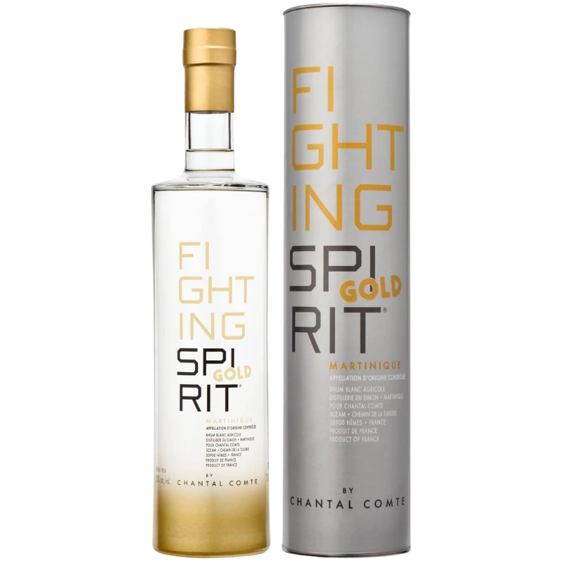 Bouteille avec son coffret de Rhum Blanc Agricole Martiniquais de chez Chantal Comte cuvée Fighting Spirit Gold 70cl