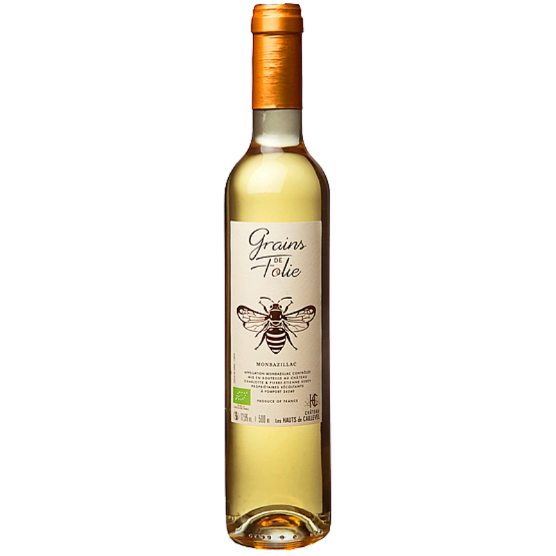 Bouteille de vin blanc liquoreux de l'appellation Monbazillac du château Les Hauts de Caillevel cuvée Grains de Folie