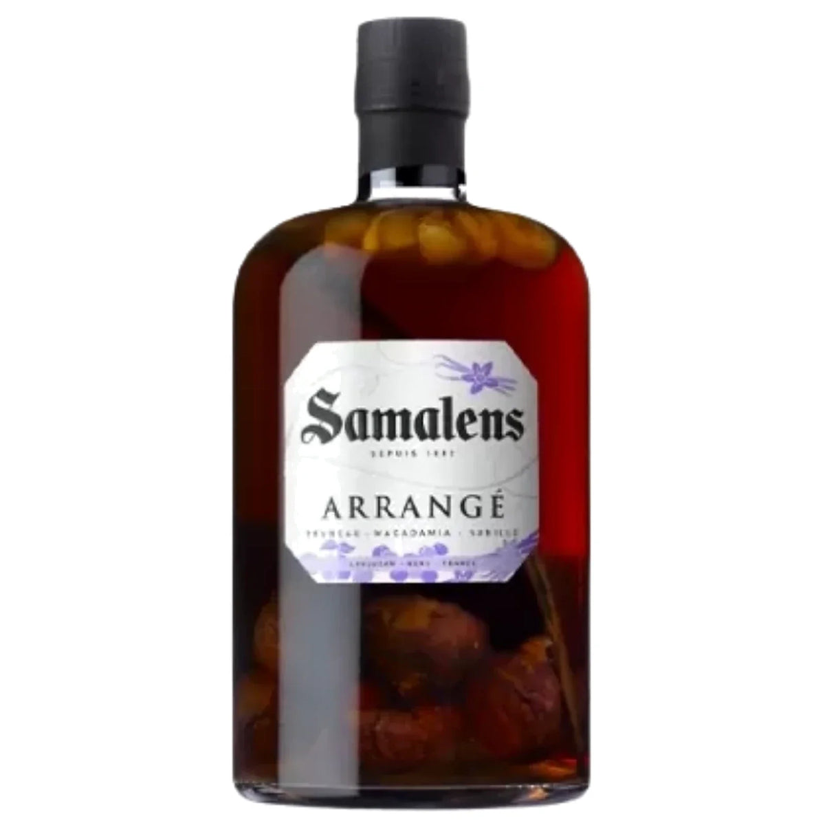Bouteille d'armagnac arrangé Samalens pruneaux macadamia