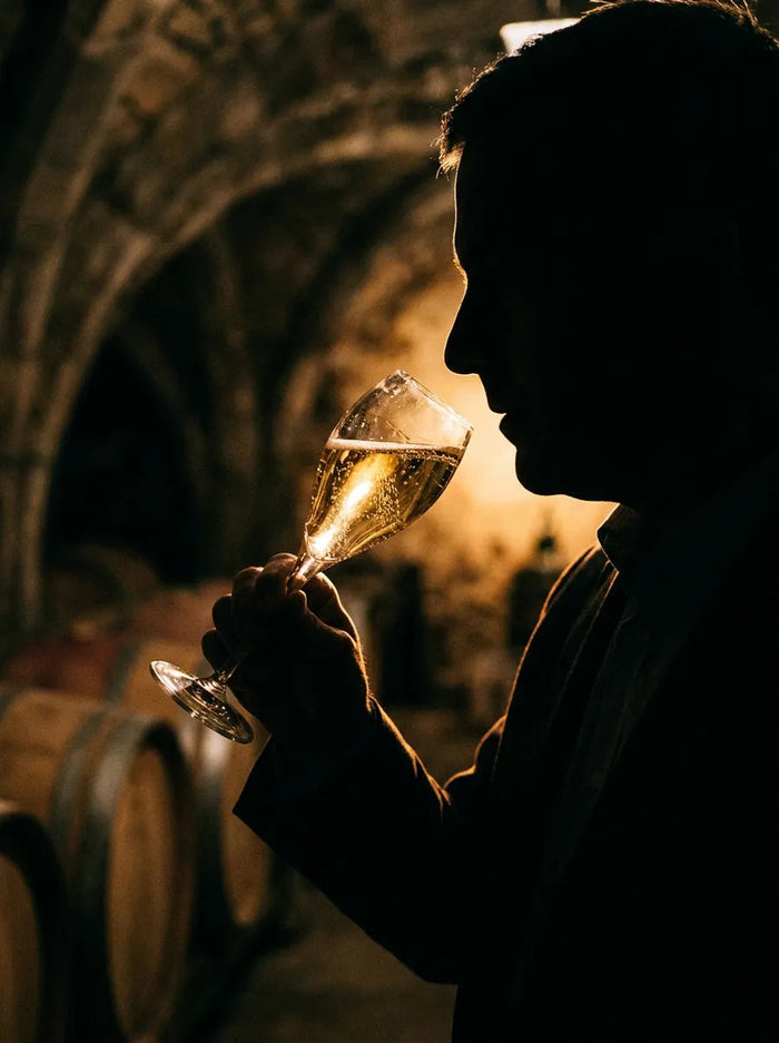 Silhouette à la flûte de champagne dorée dans la cave