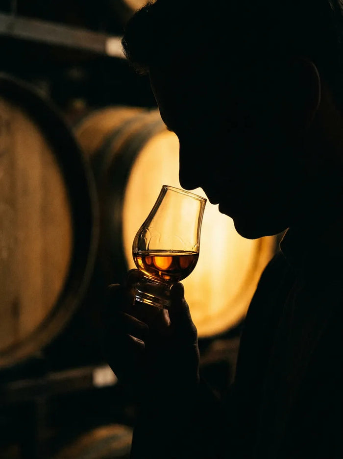 Silhouette d'un dégustateur au verre tulipe de spiritueux ambré devant les fûts