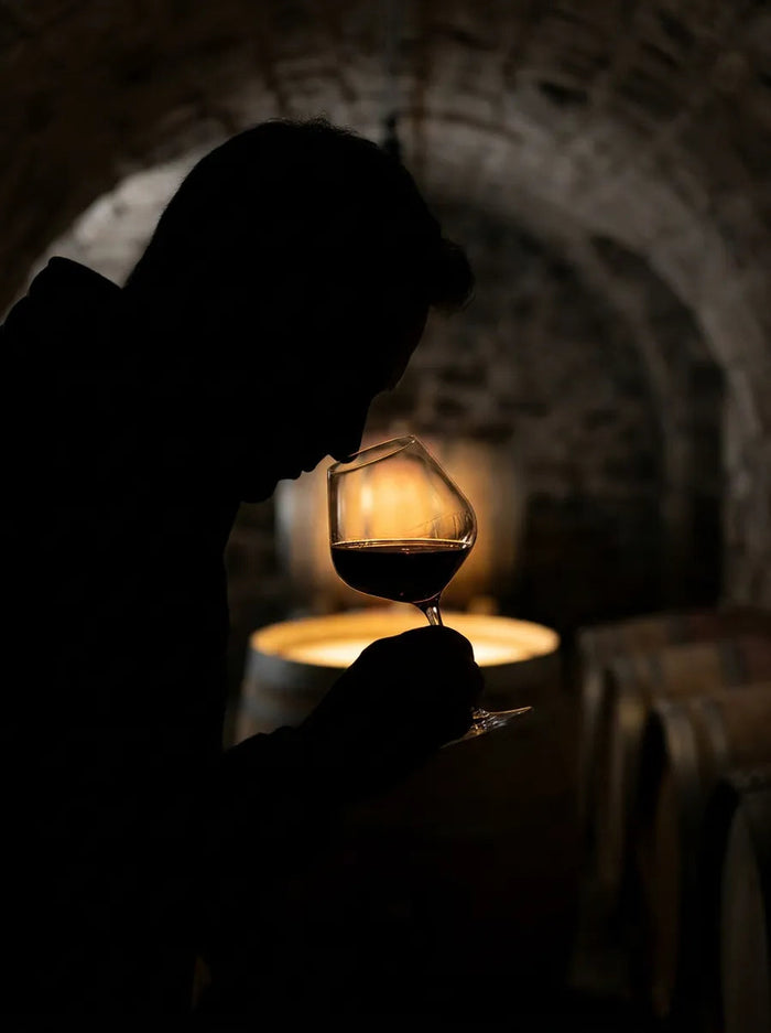 Silhouette d'un caviste sentant un verre de vin rouge dans la cave voûtée