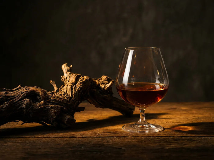 Verre d'armagnac et vieux cep de vigne