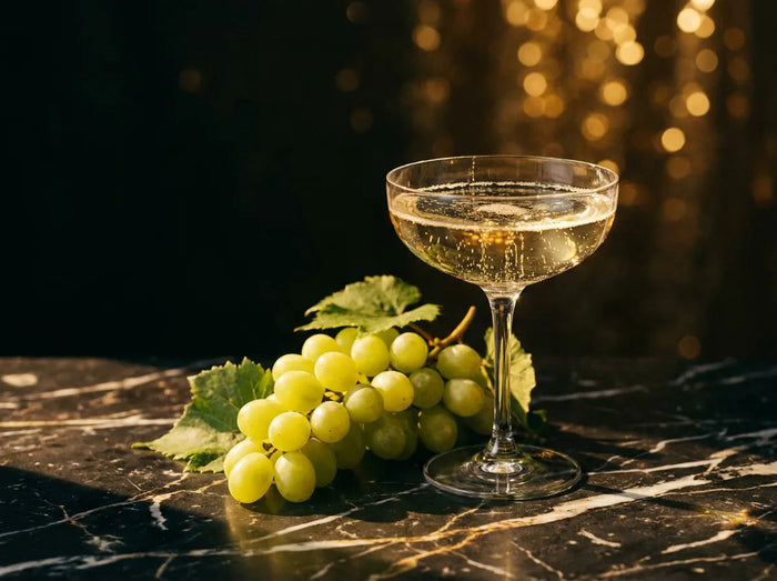 Coupe de champagne blanc de blancs et raisins chardonnay