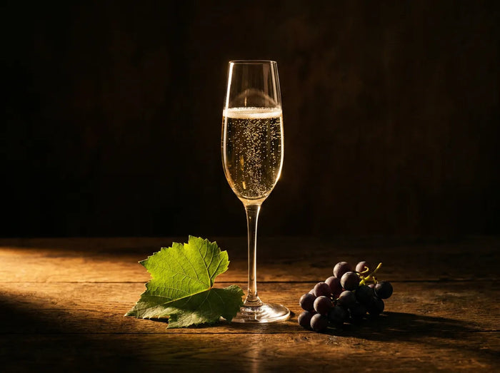 Flûte de champagne bio et feuille de vigne
