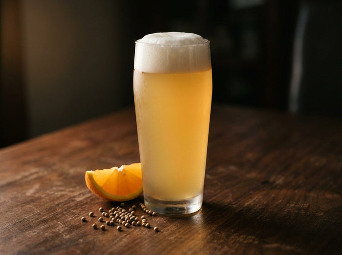 Verre de bière blanche trouble, quartier d'orange et graines de coriandre