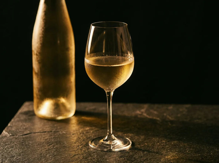 Verre de vin blanc sec frais et bouteille givrée