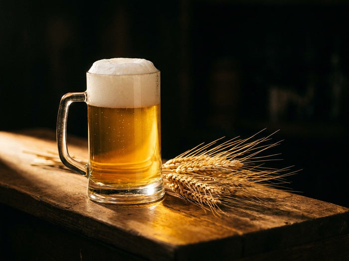 Chope de bière blonde dorée et épis de blé sur un comptoir de bois