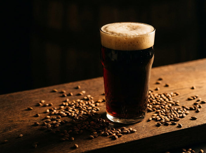 Pinte de bière brune très foncée à col crémeux et orge torréfié