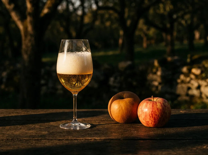 Verre de cidre ambré et pommes rustiques