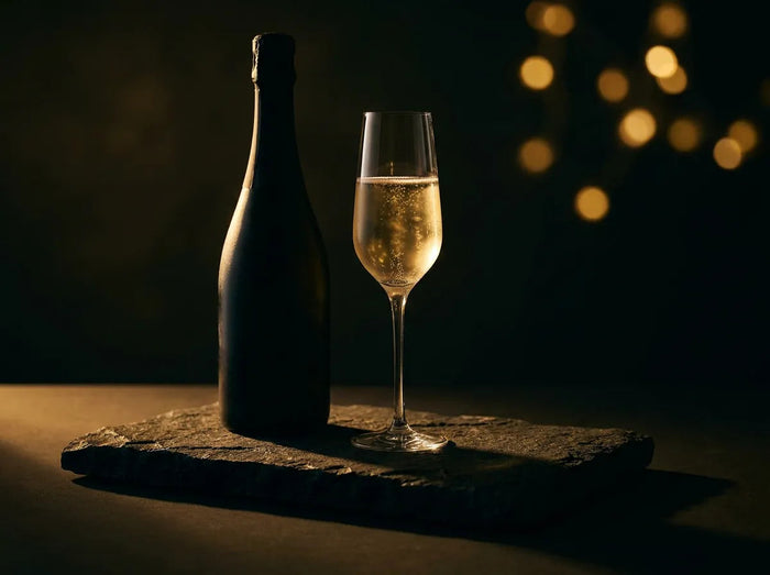 Bouteille et flûte de crémant doré