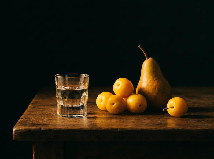Eau-de-vie, mirabelles et poire sur chêne