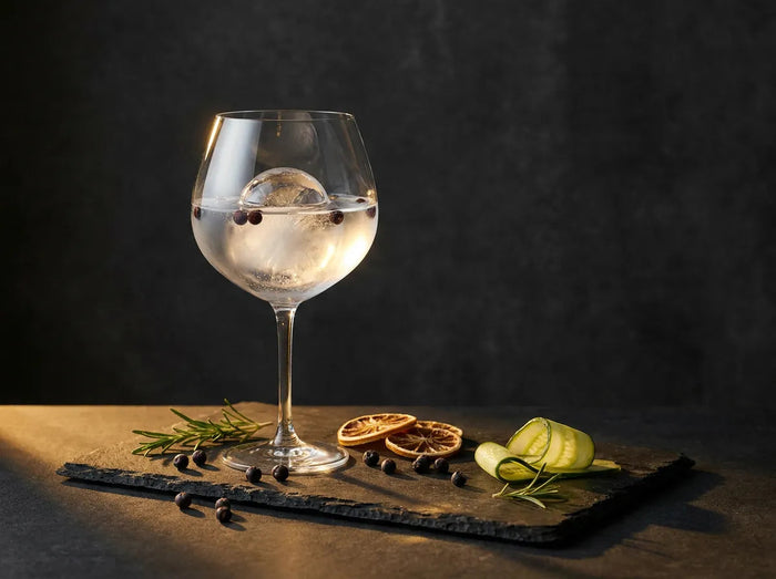 Gin tonic, baies de genièvre et botaniques sur ardoise