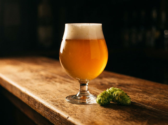 Verre tulipe d'IPA dorée et cônes de houblon frais sur un comptoir sombre