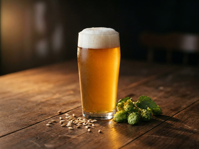 Verre de pale ale dorée, houblon frais et grains d'orge sur une table de chêne