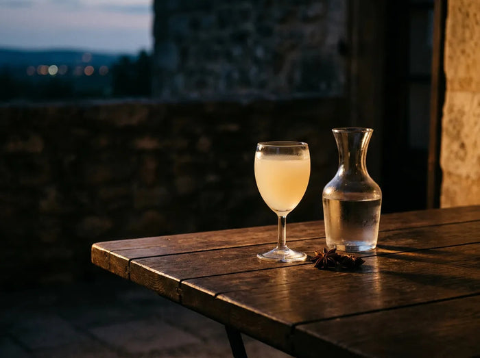 Verre de pastis, carafe d'eau et anis étoilé