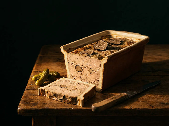 Terrine du Périgord tranchée, cornichons et couteau ancien