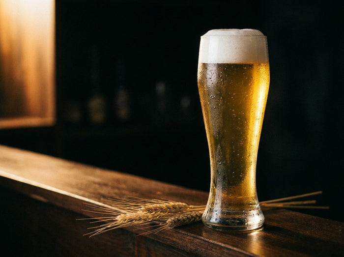 Verre à pils d'une lager jaune pâle et limpide, couvert de buée