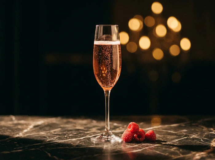 Flûte de champagne rosé et framboises