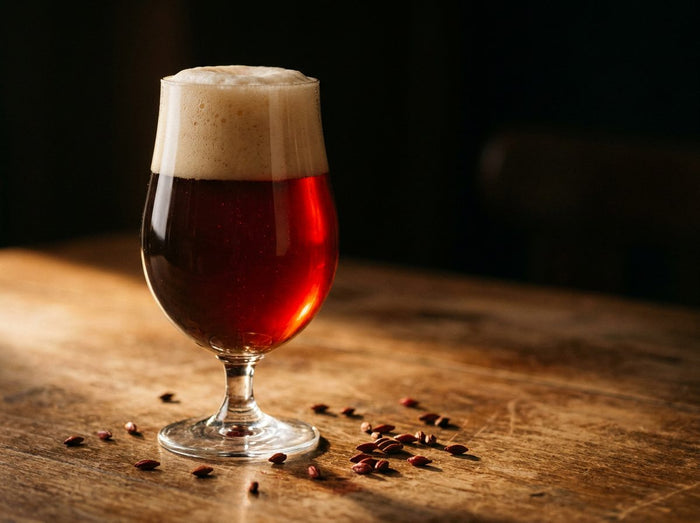 Verre de bière rousse aux reflets acajou et grains de malt roux